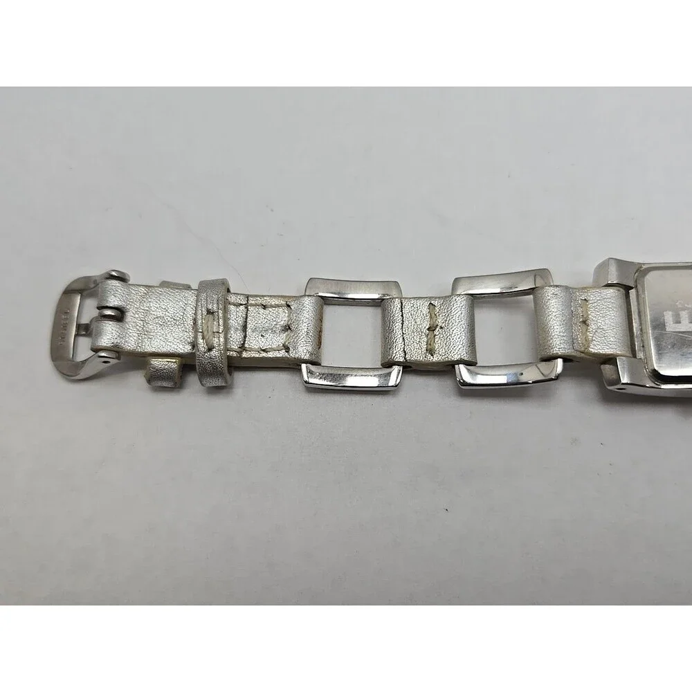 Fossil F2 ES1401 Womens Silver Link Leather Tank Watch New Battery Quartz Y2K